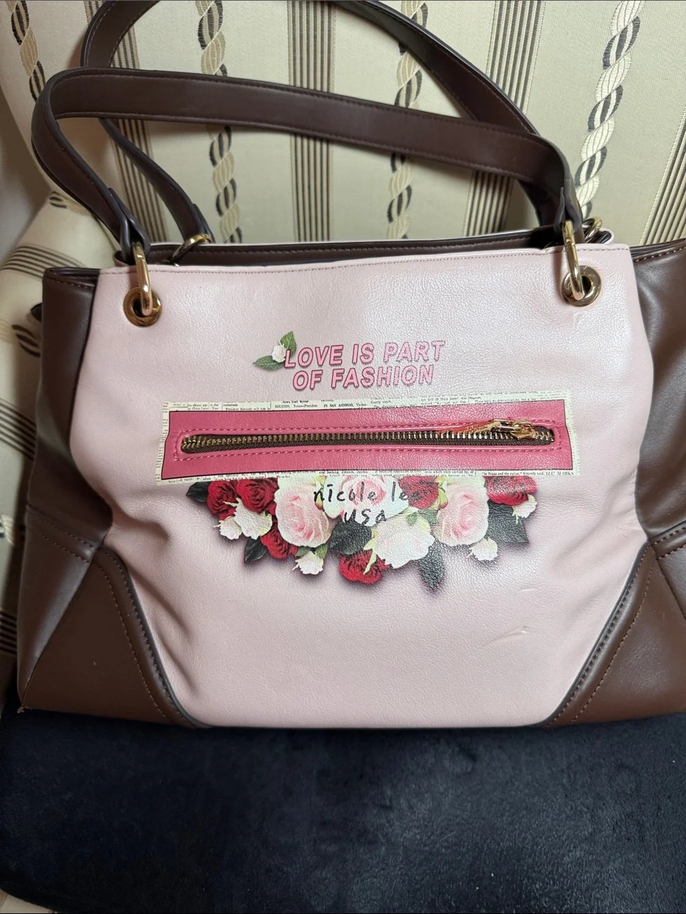 Nicole Lee Pink, Brown & Turquoise Shoulder Tote with Fashion Illustration - Picture 2 of 2